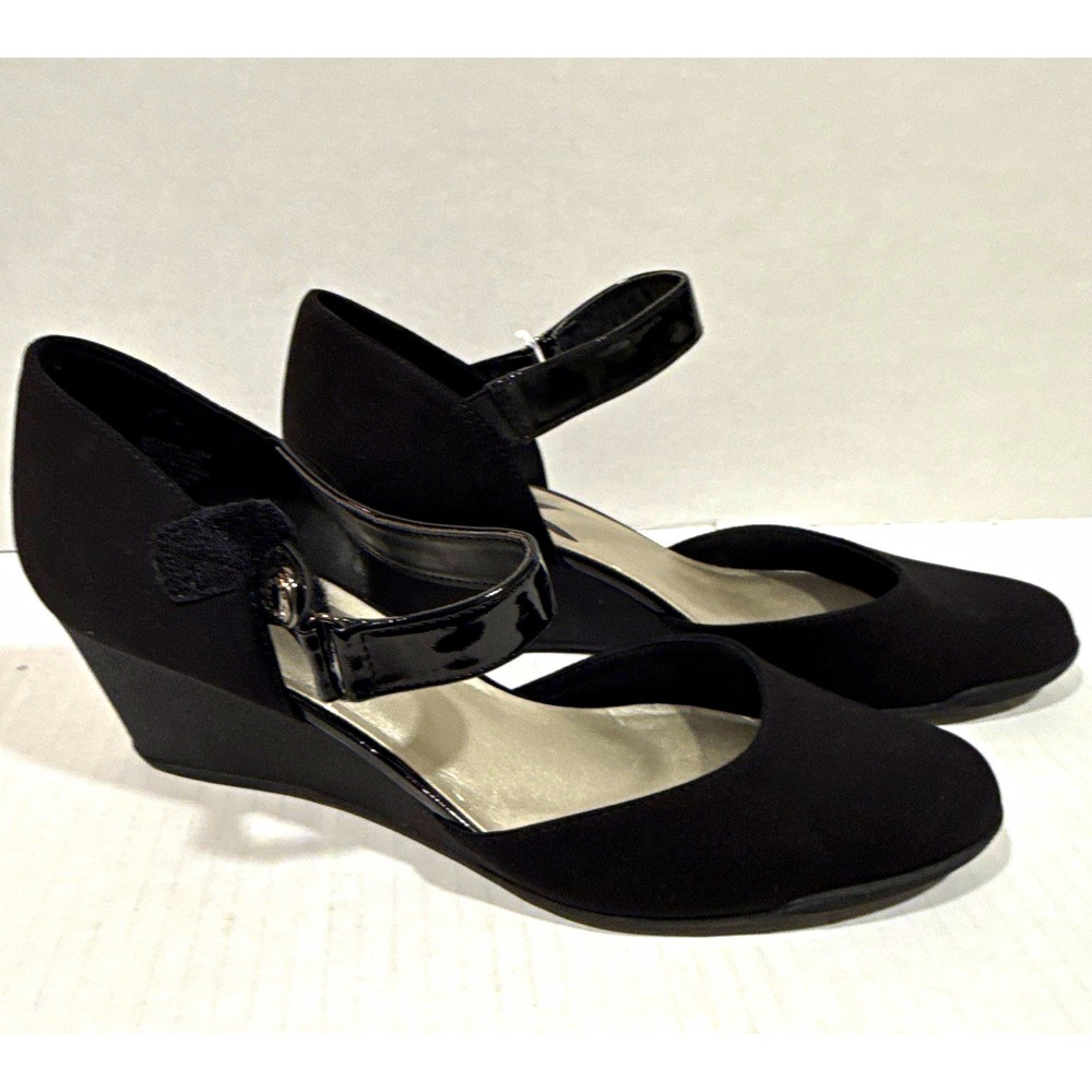 Anne Klein Sport Black Wedge Heel Round Toe Ankle Strap Buckle Women 10M